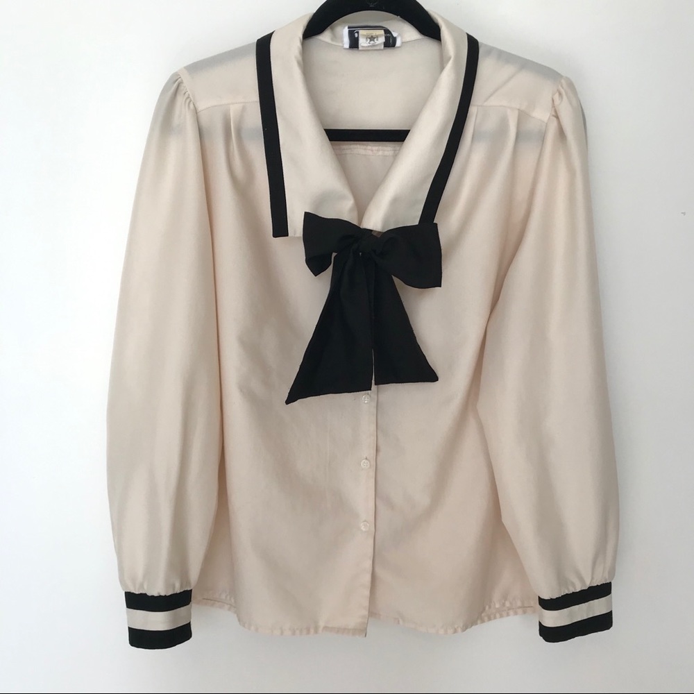 Vtg Joyce Ivory Blouse Black Trim Pussy Bow L